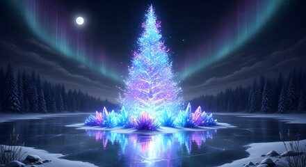 Magical Crystal Christmas Tree Illuminates a Winter Wonderland with Vibrant Aurora Borealis Reflection