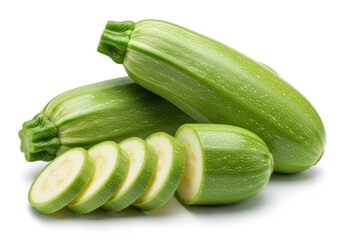 Fresh green zucchini slices and whole vegetables isolated