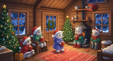 Cozy Christmas Scene with Adorable White Cats Wearing Santa Hats and Enjoying Hot Drinks by the Fireplace