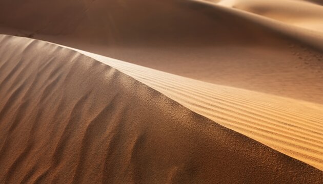 Close up of a sun kissed sand dune showing natural wind formed ripples and patterns in the warm desert light