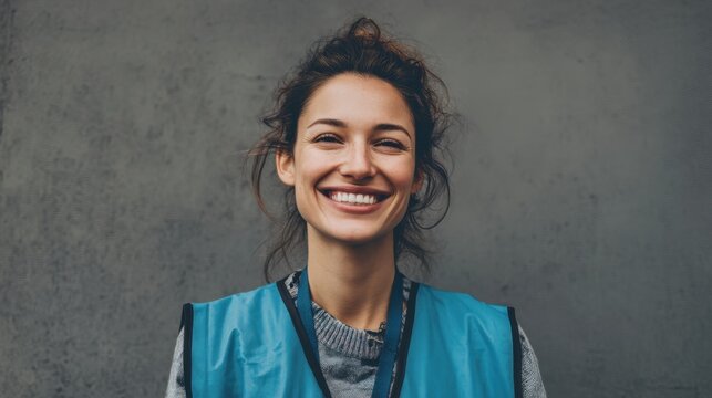 A cheerful woman wearing a blue vest stands against a simple gray wall. She exudes positivity and warmth with her big smile showing enthusiasm for her role in the community.