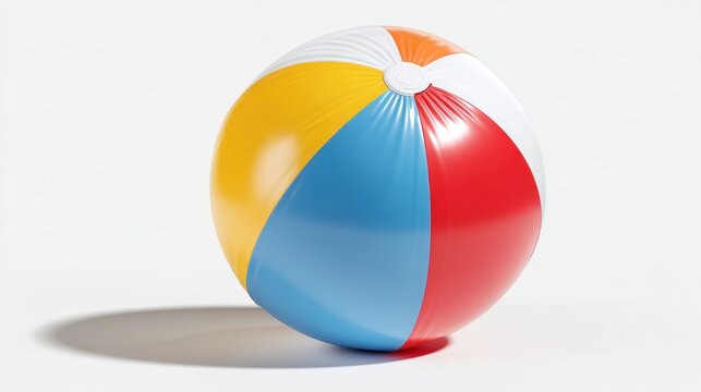A vibrant beach ball lies on a clean white surface showcasing bright colors of yellow red blue and orange. Ideal for summer activities and playful moments at the beach or poolside.