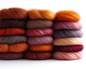 Stack of fuzzy, colorful yarn skeins is isolated on white background. Perfect for craft projects, knitting, or artistic design inspiration.