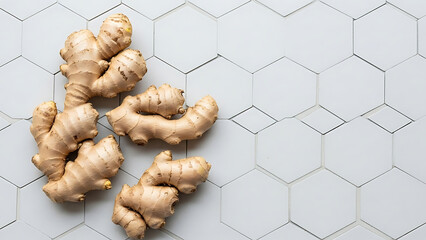 Fresh ginger roots scattered on a white hexagonal tile surface spice food