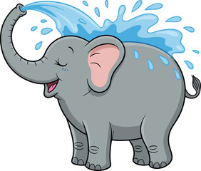 Cartoon illustration of playful elephant spraying water, cheerful animal character design, vector drawing, clipart, isolated background, children’s theme, fun wildlife concept