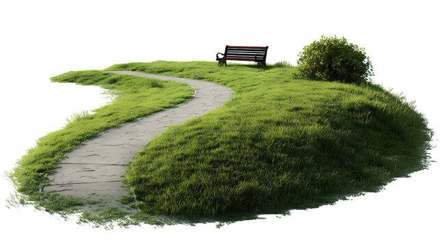 A classic village green with a well-trodden path winding around its perimeter, a lone bench inviting rest, isolated on a Transparent background - Powered by Adobe