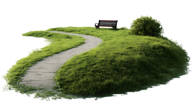 A classic village green with a well-trodden path winding around its perimeter, a lone bench inviting rest, isolated on a Transparent background - Powered by Adobe