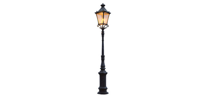 A classic village lamppost with a gas lantern, casting a warm glow on a cobblestone street, isolated on a Transparent background