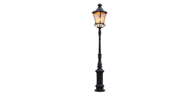 A classic village lamppost with a gas lantern, casting a warm glow on a cobblestone street, isolated on a Transparent background