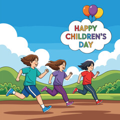 Happy Children's Day Illustration: Three Energetic Kids Running Outdoors, Celebrating Youth and Freedom Against a Bright Sunny Landscape, Vector Graphic.