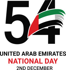 United Arab Emirates National Day 54th Anniversary Design, Featuring UAE Flag Colors Integrated with Typography, Holiday Celebration Vector Illustration.
