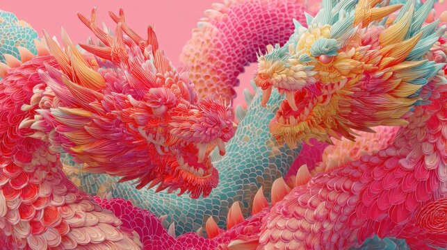 Two intricately designed dragons face off showcasing bright colors and detailed scales. The scene exudes a sense of dynamic tension and artistic creativity.