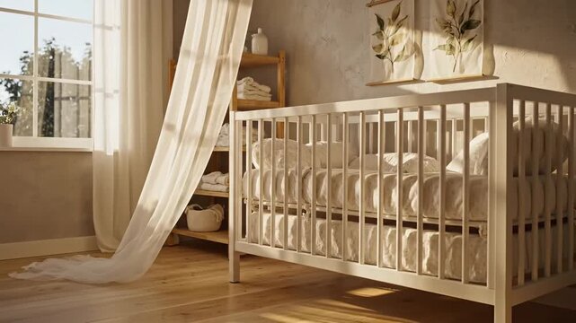 Bright and serene baby nursery room with a crib natural light flowing curtains and minimalist decor creating a peaceful cozy atmosphere