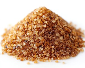 Pile of brown sugar crystals on a bright white surface. Use for baking, cooking, or illustrating healthy eating.