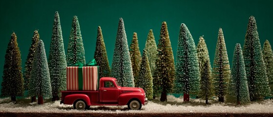 Christmas landscape with bottle brush trees and vintage red pickup truck.