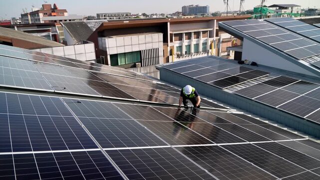 Professional who installs solar energy systems,  procuring equipment, and performing the physical installation of solar panels on roofs. 