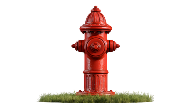 A classic village red fire hydrant, standing alone on a grassy verge, a functional yet iconic element, isolated on a Transparent background