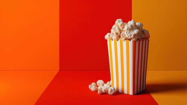 A striped popcorn box sits on a bright orange and red background filled with fluffy popcorn. Some popcorn spills out creating a fun inviting atmosphere for movie snacks. - Powered by Adobe