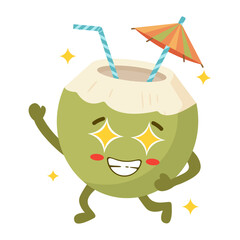 Cartoon Coconut Character with Straw and Umbrella