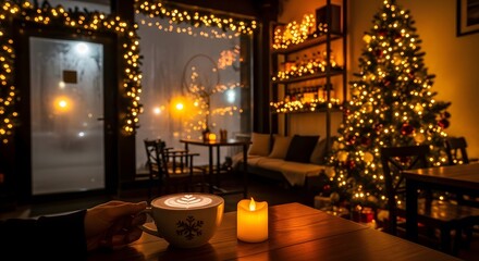 Cozy Christmas Cafe Warm Coffee, Candles, and Twinkling Lights