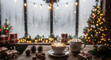 Cozy winter scene with steaming hot chocolate and coffee cups on a rustic wooden table, adorned with pinecones and Christmas decorations