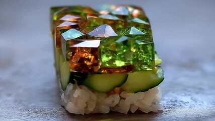 Gourmet sushi creation with artistic presentation and colorful topping