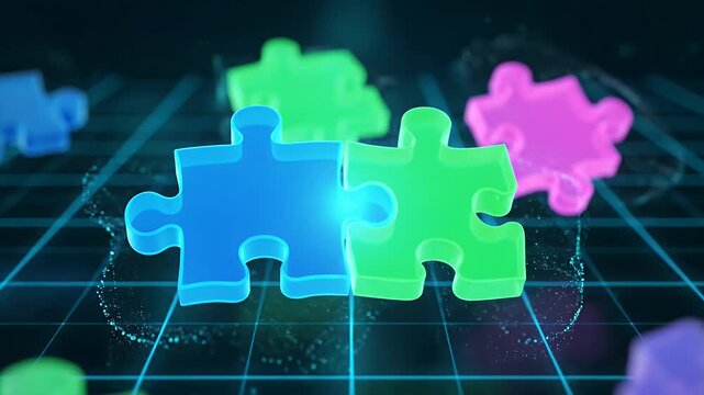Interlocking Blue and Green Puzzle Pieces Connect on Digital Grid with Glowing Particles Abstract Concept