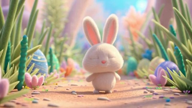 An adorable white Easter bunny with closed eyes stands on a path in a magical, grassy meadow filled with colorful, decorated eggs.