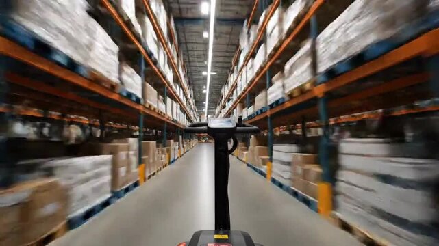 Dynamic POV of a forklift moving through a vast warehouse filled with pallets and boxes, showcasing efficient distribution and logistics operations