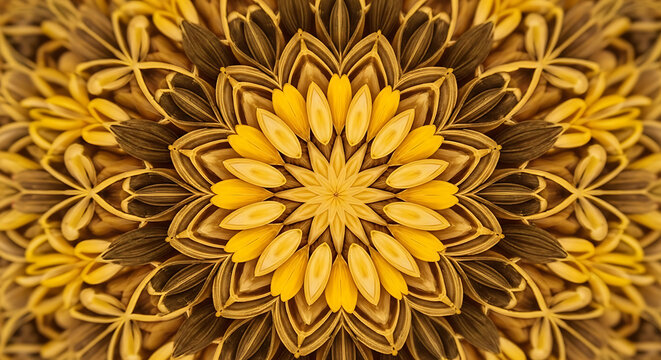 Symmetrical sunflower seed kaleidoscope pattern, natural design