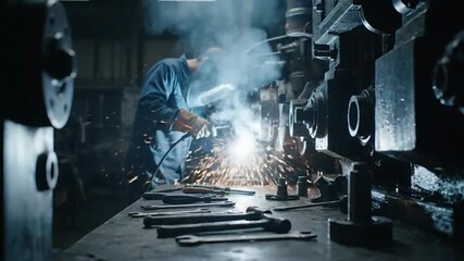 Skilled metalworker welding with bright sparks flying in dark workshop, creating industrial strength and innovative solutions with expert precision