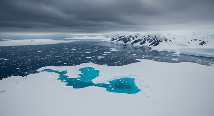 Aerial view of a glacial landscape with sea ice, icy waters, and snow-capped mountains