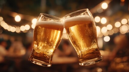 Two glasses of beer clink together in celebration while glowing lights create a cozy atmosphere at an outdoor gathering in the evening. Friends enjoy the moment.