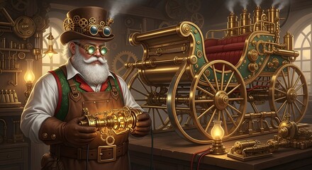 Steampunk Santa Claus with Engineering Tools and Antique Vehicle in Workshop