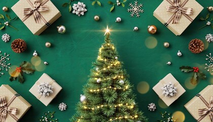 Festive Christmas Decorations with Gifts and a Lit-Up Tree.