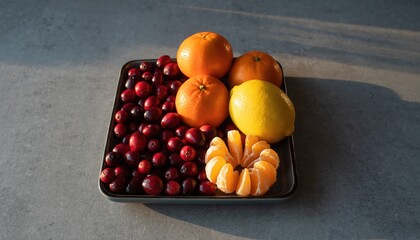 Fresh fruit arrangement on a square plate, vibrant colors.