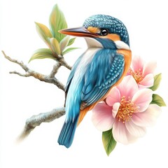 Obraz premium Vibrant kingfisher perched among delicate pink blossoms, a stunning nature illustration perfect for springtime designs and elegant branding, beautifully detailed