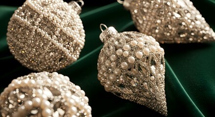 A collection of exquisite handcrafted Christmas ornaments with intricate pearl and bead details on a rich dark green fabric