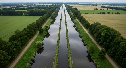Naklejka premium Aerial view of a straight canal system cutting through verdant farmlands and lined with trees