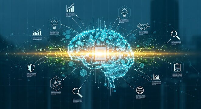 Artificial intelligence brain processing complex data and analytics.
