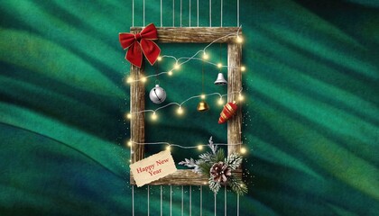 Festive Christmas Frame with Decorations and Happy New Year Message.