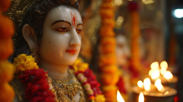 Close-up of beautifully decorated devotional statue during Dattatreya Jayanti festival with bright garlands and sacred lamps