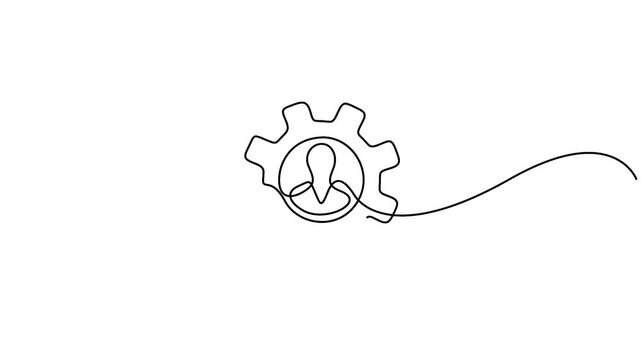 Single continuous line drawing that combines a gear and a human silhouette, symbolizing the integration of people and systems or processes animation video