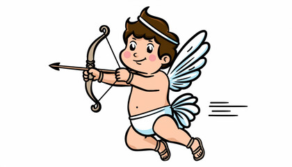 Obraz premium Sweet little cupid angel flying and shooting an arrow of love. A charming cartoon illustration isolated on a white background for romantic designs