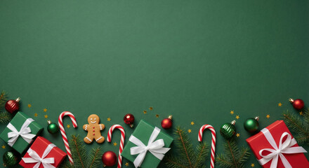 Christmas holiday background with festive decorations, gift boxes, candy canes, and fir branches on a green surface with copy space.