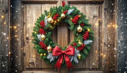 Festive Christmas Wreath Adorned with Ornaments and a Red Bow.