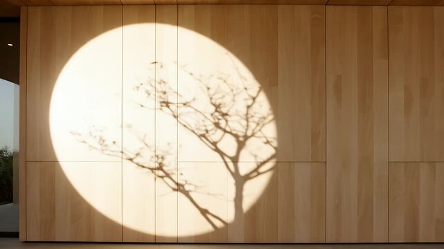 Warm Sunlight Illuminates Natural Wood Wall With Tree Shadow A Gentle Pattern Of Light And Shadow Creates A Serene
