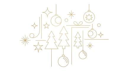 Festive gold line art collection featuring Christmas trees, stars, and baubles on a white background