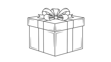 Black and white outline drawing of a classic gift box with ribbon bow, celebrating holidays, isolated white background