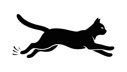 Black Cat Running and Jumping with Energy, Playful Kitten Silhouette on Isolated White Background